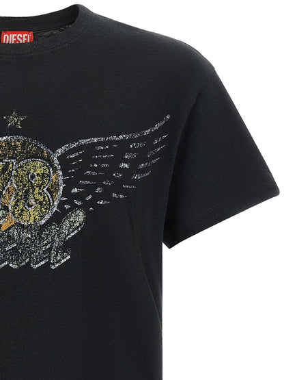 T-Shirt by Diesel for men in cotton & hemp black & print showcases a unassuming silhouette, artfully detailed with a refined crew neckline and unassuming for a sophisticated, contemporary look.