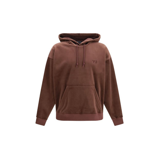 Sweatshirt Hoodie by Y-3 for men in corduroy polyester & satin bordeaux & print features an avant-garde silhouette, showcasing a sophisticated hooded neckline and long-sleeve detail for a truly avant-garde finish.