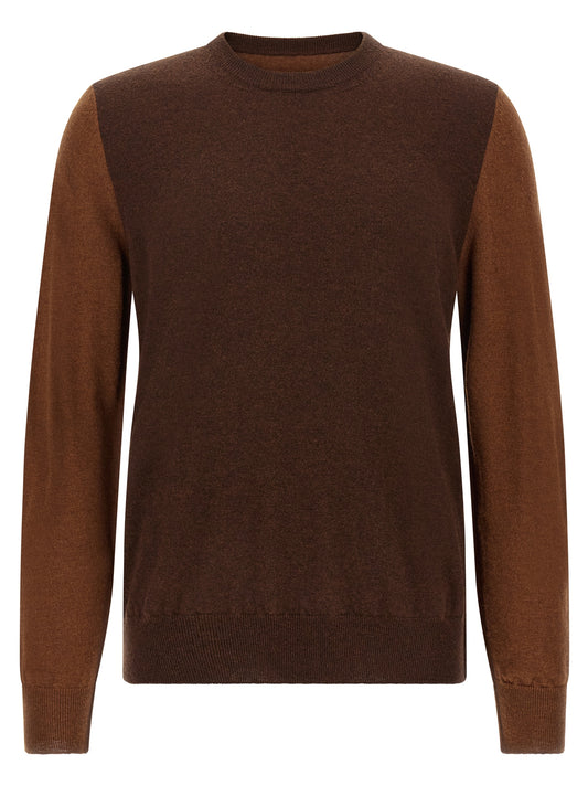 Cardigan by Maison Margiela for men in wool & suede leather brown & white features an impeccable silhouette, showcasing a sophisticated crew neckline and detail for a truly impeccable finish.