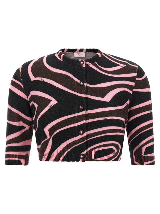 Cardigan by Emilio Pucci for women in wool black, brown, multicolor, pink, patterned & print features an impeccable silhouette, showcasing a sophisticated round neckline and three-quarter-sleeve detail for a truly impeccable finish.