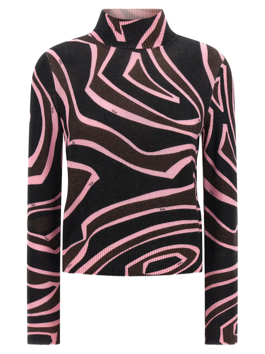 Cardigan by Emilio Pucci for women in wool black, khaki, multicolor, pink, patterned & print showcases a luxurious silhouette, meticulously detailed with a sophisticated high-neck neckline and for a refined finish.