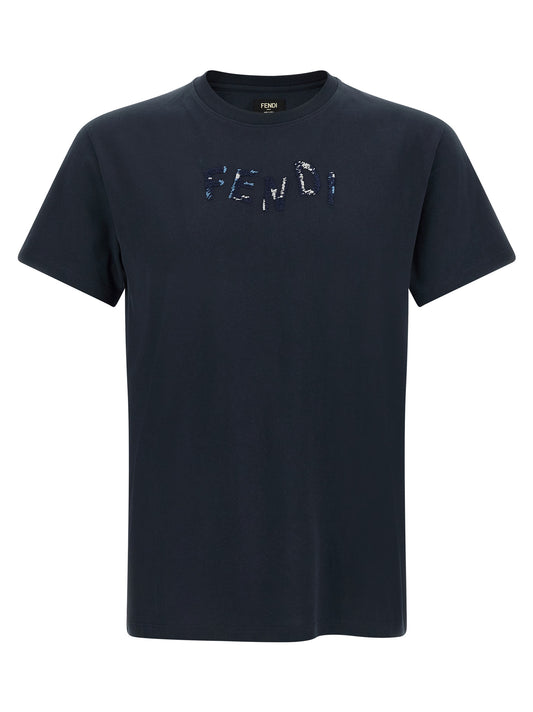 T-Shirt by Fendi for men in cotton dark-blue showcases a fashionable silhouette, elegantly detailed with a fashionable and crew neckline for a sophisticated, high-fashion look.