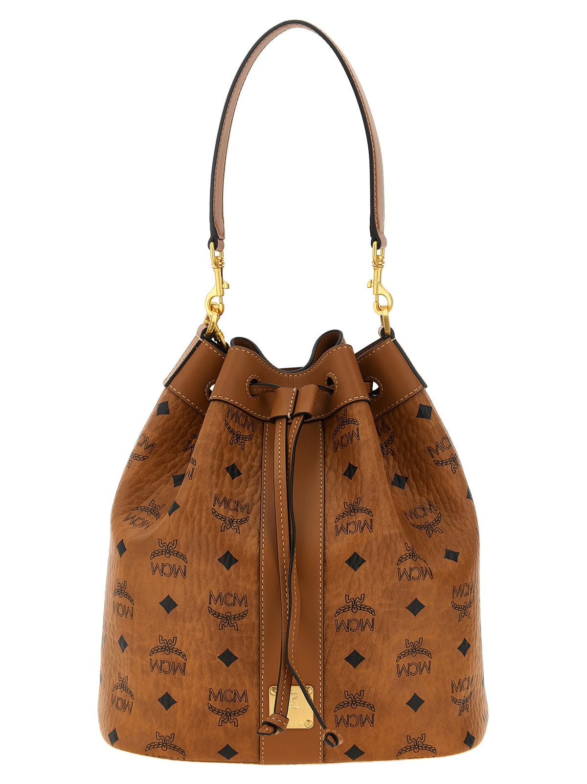 Bucket Pouch Shoulder Bag by MCM for women in canvas microfiber suede & leather brown, gold, patterned & monogram features a effortless chic silhouette with a secure zipper & drawstring, ample , and versatile shoulder-strap, handle, adjustable-strap & detachable-strap for a effortless chic finish.