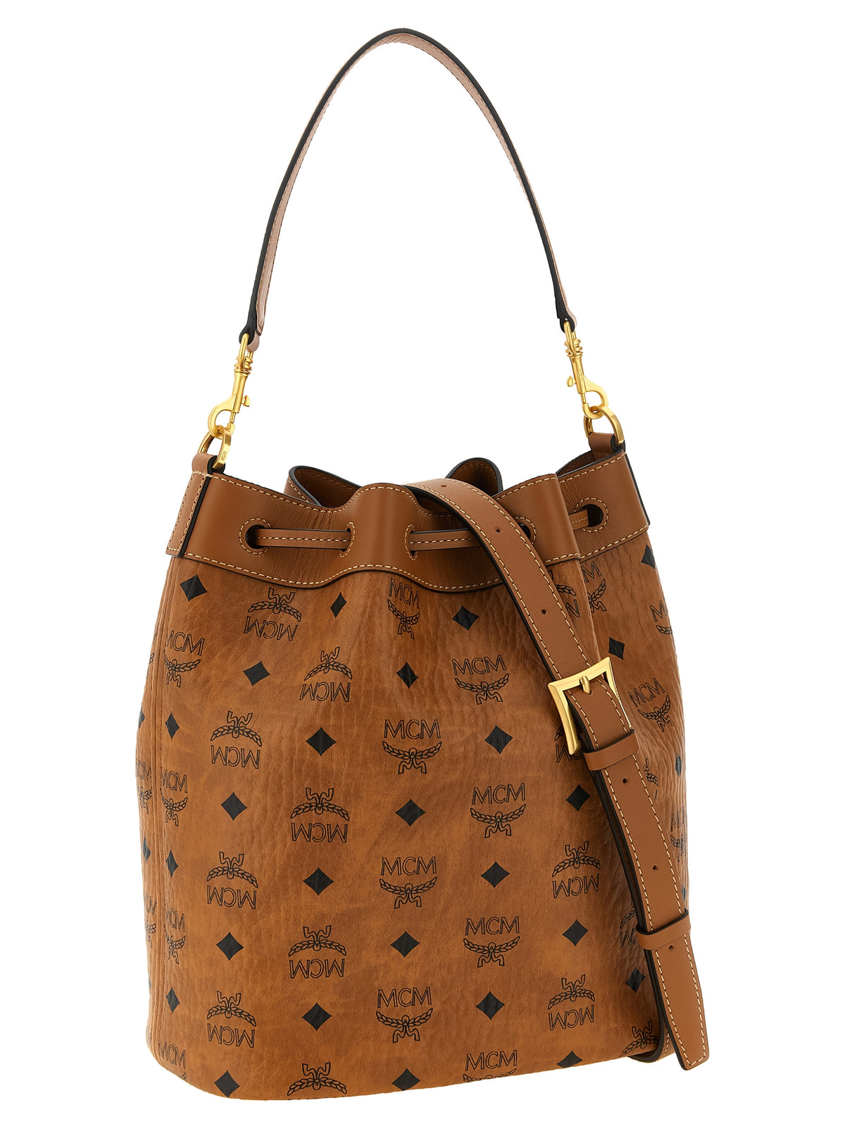 Bucket Pouch Shoulder Bag by MCM for women in canvas microfiber suede & leather brown, gold, patterned & monogram features a enviable silhouette, showcasing a secure zipper & drawstring, ample , and enviable shoulder-strap, handle, adjustable-strap & detachable-strap for a enviable finish.