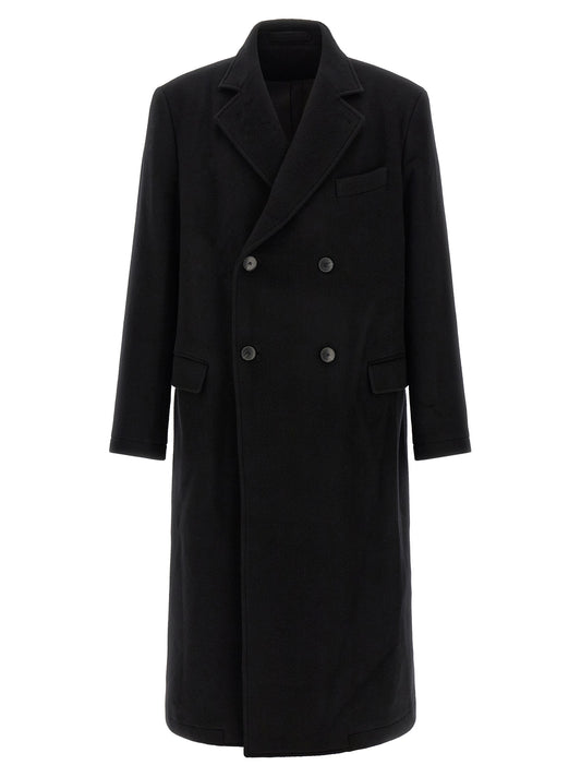 Overcoat by MFPEN for men in calf leather resin & virgin wool black features an voluminous silhouette, showcasing distinct pockets and a voluminous split neckline for a truly voluminous aesthetic.