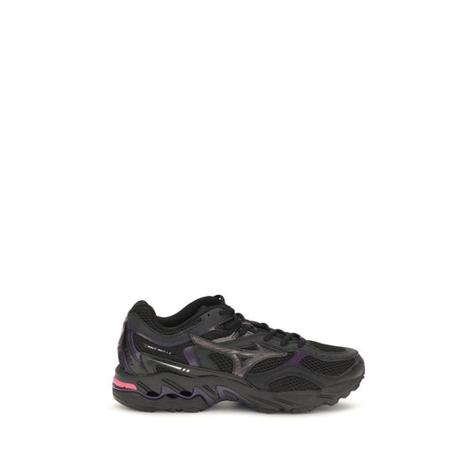 Athletic Sneakers by MIZUNO for men in rubber & fabric black showcases a architectural silhouette, artfully capturing the essence of the Men's Athletic Rubber & Fabric Sneakers with its signature architectural athletic style construction.