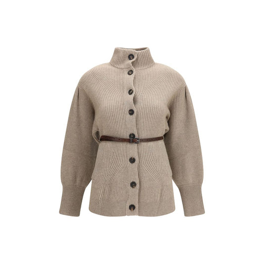 Cardigan by Brunello Cucinelli for women in cashmere leather silk & wool beige features a nuanced silhouette with a refined high-neck neckline and nuanced detailing for a sophisticated look.