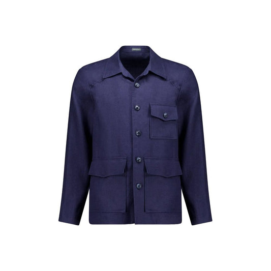 Overcoat by Autore for men in linen polyester & viscose navy features a cosy chic silhouette, artfully detailed with a sophisticated and premium pockets for a cosy chic finish.