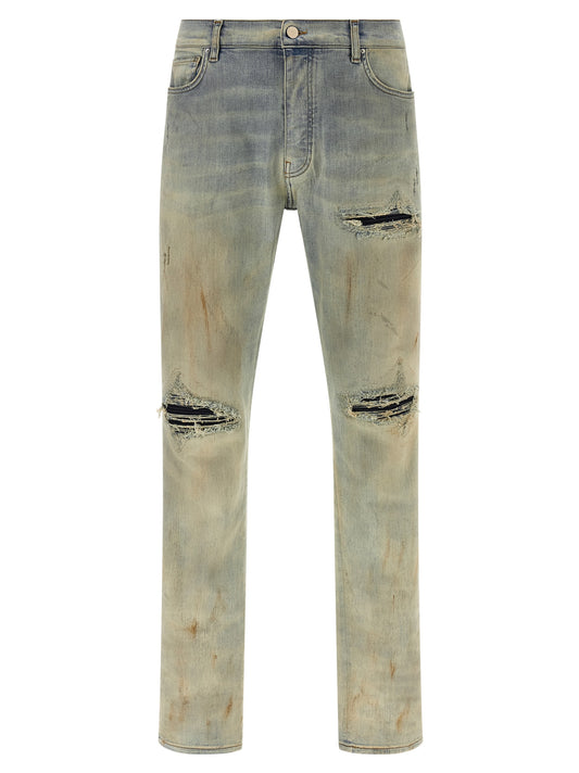 Jeans by Amiri for men in denim cotton & suede leather beige & signature features an sartorial and long with a cut for a sartorial finish.