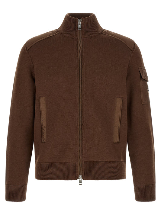 Cardigan by Moncler for men in felt polyamide & virgin wool brown & signature presents a textural silhouette, artfully finished with a textural high-neck neckline and for a sophisticated, textural look.