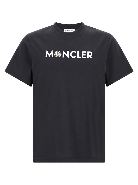 T-Shirt by Moncler for men in cotton dark-blue, white & print features a plush silhouette, showcasing a sophisticated and short-sleeve for a truly plush finish.