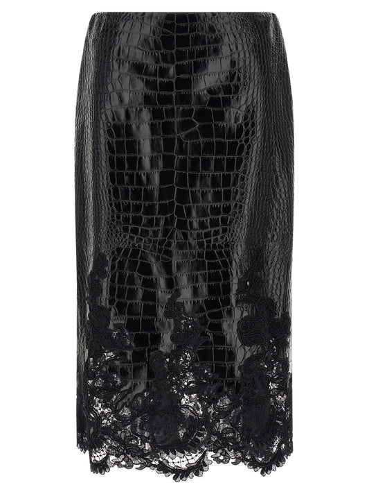 Ermanno Scervino Grace Women's Calfskin Crocodile Leather & Lace Midi Skirt - Black Print