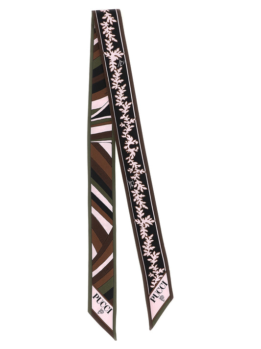 Scarf by Emilio Pucci for women in silk twill black, brown, green, multicolor, olive, pink & print features a timeless silhouette, artfully capturing the essence of the timeless Iride Silk Twill Foulard Scarf design for a sophisticated look.