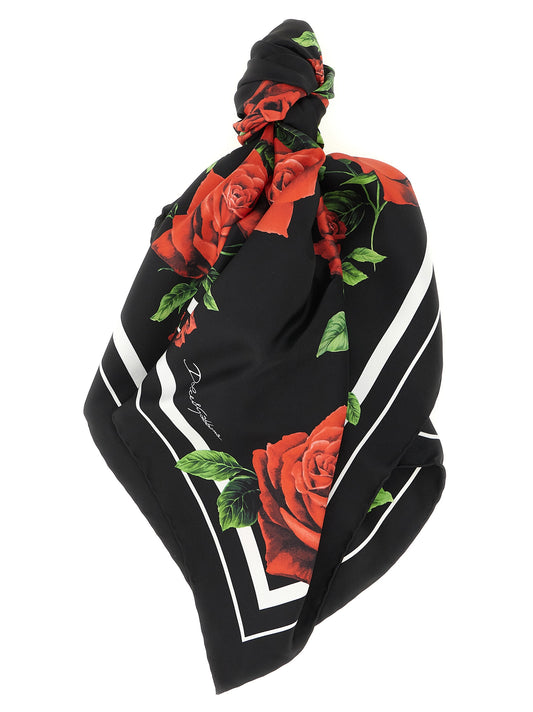 Scarf by Dolce & Gabbana for women in silk twill black, red, signature & print presents a effortlessly chic silhouette, artfully capturing the essence of the effortlessly chic Silk Twill Foulard Square Wrap Scarf design for a sophisticated look.