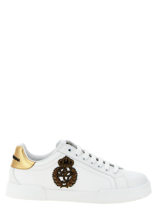 Sneakers by Dolce & Gabbana for men in dauphine leather calfskin & rubber gold, white & monogram features an fashionable silhouette, showcasing the premium Men's Low Top Dauphine Leather Calfskin & Rubber Sneakers in a fashionable low-top style that offers a fashionable finish for refined style.
