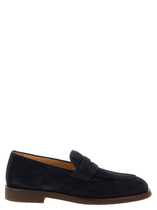 Loafer Slip-On Shoes by Brunello Cucinelli for men in suede calfskin leather blue & gold features an effortless chic silhouette, showcasing the Men's Suede Calfskin Leather Loafer Slip-On Shoes design with an effortless chic and a for a effortless chic look.
