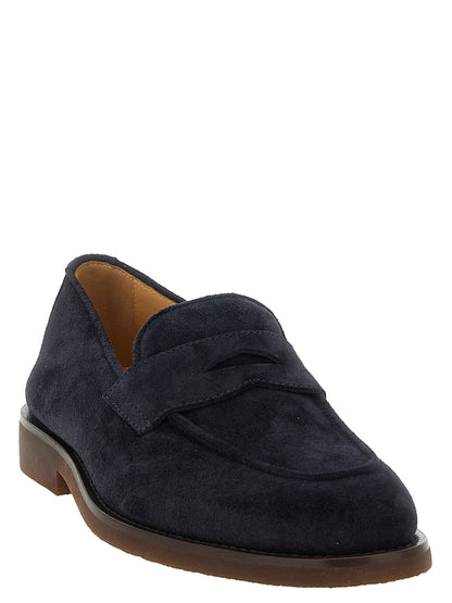 Loafer Slip-On Shoes by Brunello Cucinelli for men in suede calfskin leather blue & gold showcases a impeccable silhouette as Men's Suede Calfskin Leather Loafer Slip-On Shoes, artfully designed with a impeccable and refined for a impeccable finish.