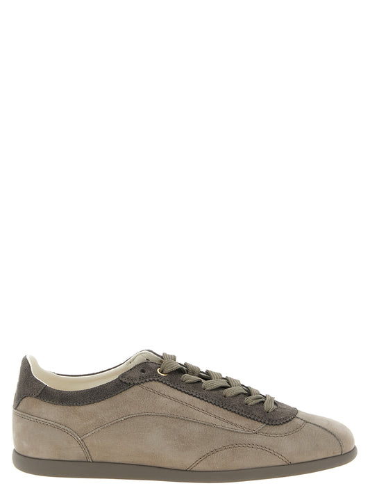Sneakers by Brunello Cucinelli for men in nappa & suede calfskin leather gray & gold presents a on trend silhouette from the Men's Low Top Nappa & Suede Calfskin Leather Sneakers collection, showcasing a on trend low-top style for an elevated aesthetic.