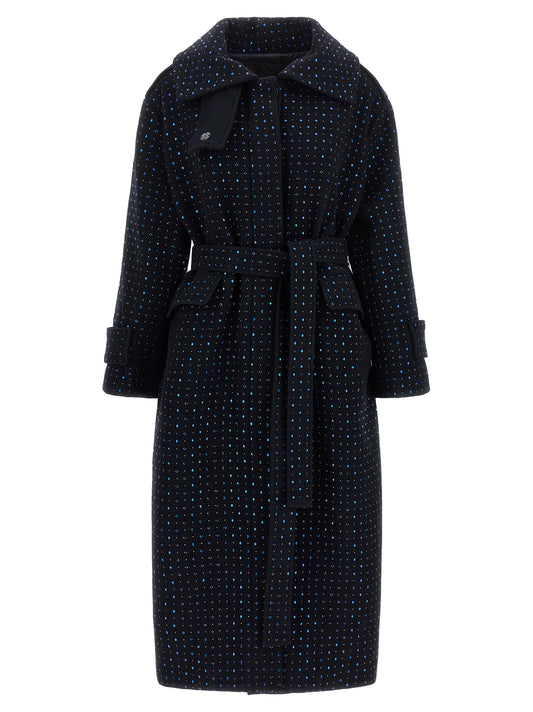 Overcoat by PINKO for women in wool & rhinestone blue showcases a architectural silhouette, artfully detailed with a distinctive and functional pockets for a architectural finish.