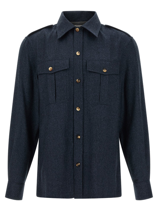 Shirt by Brunello Cucinelli for men in virgin wool flannel dark-blue & horn showcases a sleek silhouette, elegantly detailed with a sleek and for a sleek finish.