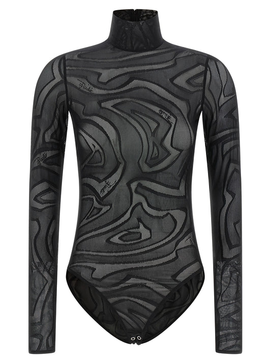Bodysuit by Emilio Pucci for women in polyamide black, transparent & jacquard features an provocative silhouette, showcasing a sophisticated high-neck neckline and provocative long-sleeve for a refined, provocative look.