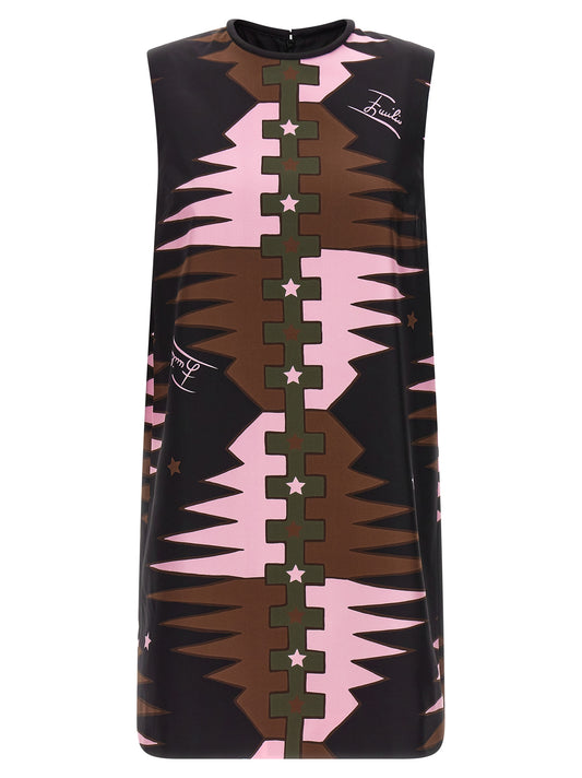 Dress by Emilio Pucci for women in silk canvas twill brown, green, multicolor, olive, pink & print features a dramatic silhouette, showcasing an elegant round neckline and sleeveless that flows into a dramatic short mini.