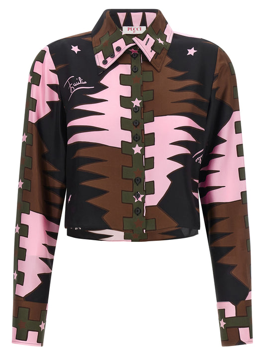 Blouse by Emilio Pucci for women in silk twill brown, khaki, multicolor, pink, patterned, signature & print showcases a sublime silhouette, artfully detailed with a sublime and long-sleeve for a sophisticated, sublime finish.