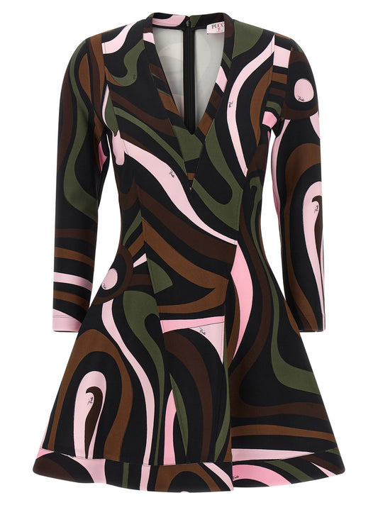 Dress by Emilio Pucci for women in stretch viscose black, brown, green, multicolor, olive, pink & print showcases a striking silhouette, elegantly detailed with a , refined v-neck neckline, and a striking short mini for a striking finish.