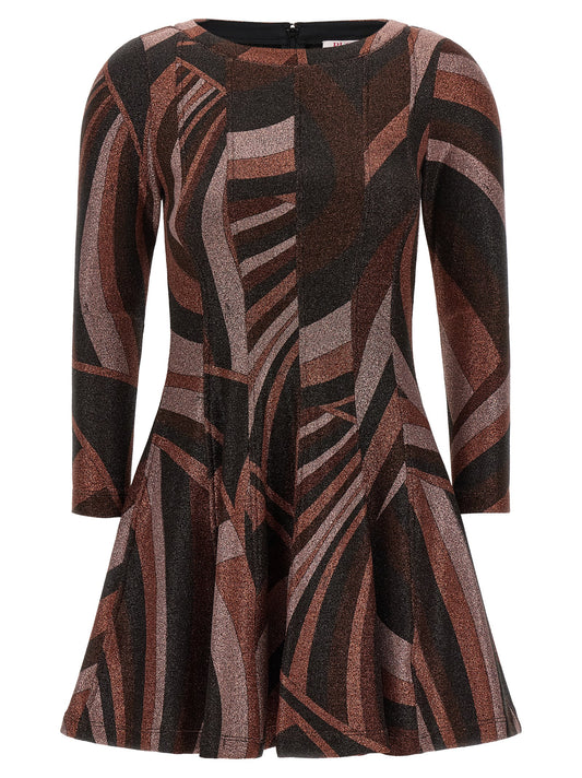 Dress by Emilio Pucci for women in polyamide polyester lurex & elastane black, bordeaux, bronze, burgundy & gold features a dramatic silhouette, showcasing an elegant boat neckline and three-quarter-sleeve that flows into a dramatic short mini.