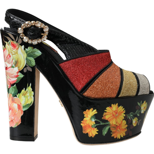 Platform Slingback Sandals by Dolce & Gabbana for women in lurex leather & crystal multicolor & floral presents a sculptural silhouette, showcasing the Women's Lurex Leather & Crystal Platform Slingback Sandals design with a sculptural platform and for a premium look.