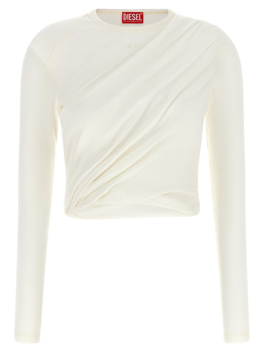 T-Shirt by Diesel for women in cotton white & patterned showcases a fashionable silhouette, elegantly detailed with a fashionable long-sleeve and crew neckline for a sophisticated, high-fashion look.