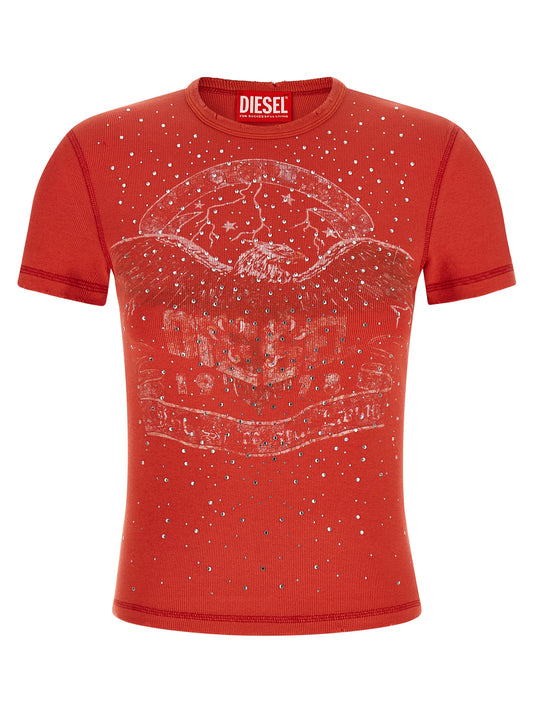 Sweater by Diesel for women in cotton & crystal red, patterned & print showcases a discreet silhouette, finished with a discreet and short-sleeve for a discreet look.