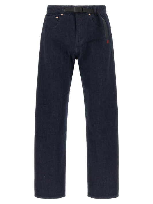 Jeans by Gramicci for men in cotton denim metal & suede leather blue & monogram features an sophisticated and with a precise long, creating a sophisticated and sophisticated silhouette.