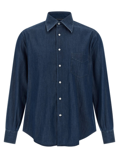 Shirt by Brunello Cucinelli for men in denim cotton & canvas blue & pearl, featuring a nuanced and nuanced for a sophisticated finish.