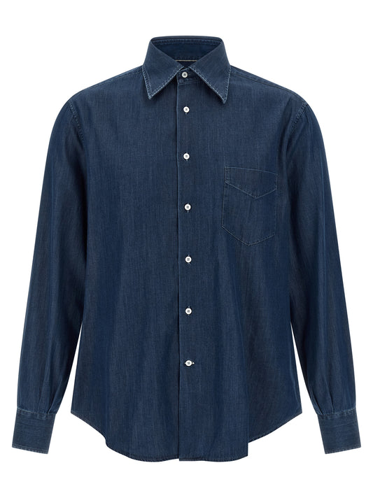 Shirt by Brunello Cucinelli for men in denim cotton & canvas blue & pearl, featuring a nuanced and nuanced for a sophisticated finish.