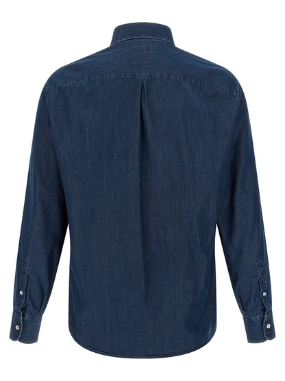 Shirt by Brunello Cucinelli for men in denim cotton & canvas blue & pearl showcases a sublime silhouette, artfully detailed with a sublime and for a sophisticated, sublime finish.