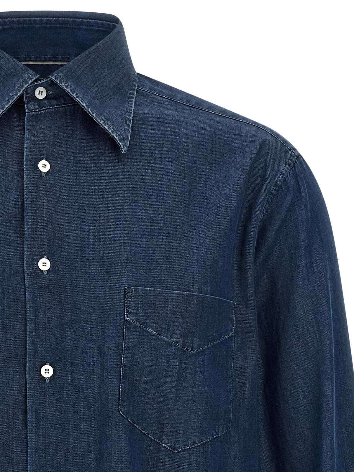 Shirt by Brunello Cucinelli for men in denim cotton & canvas blue & pearl, featuring a nuanced and nuanced for a sophisticated finish.