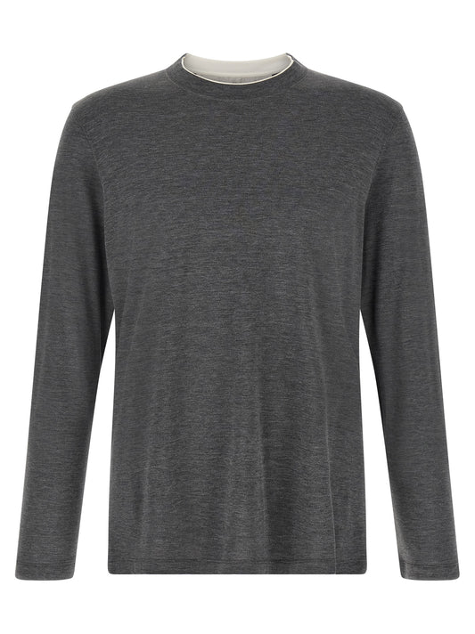 T-Shirt by Brunello Cucinelli for men in cotton & silk dark-gray showcases a chic silhouette, artfully detailed with a chic crew neckline and long-sleeve for a chic finish.