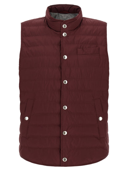 Hooded Vest by Brunello Cucinelli for men in polyester & nylon bordeaux, burgundy & silver features an on trend silhouette, showcasing a sophisticated hooded high-neck neckline and premium pockets, hooded & insulated for a truly on trend finish.