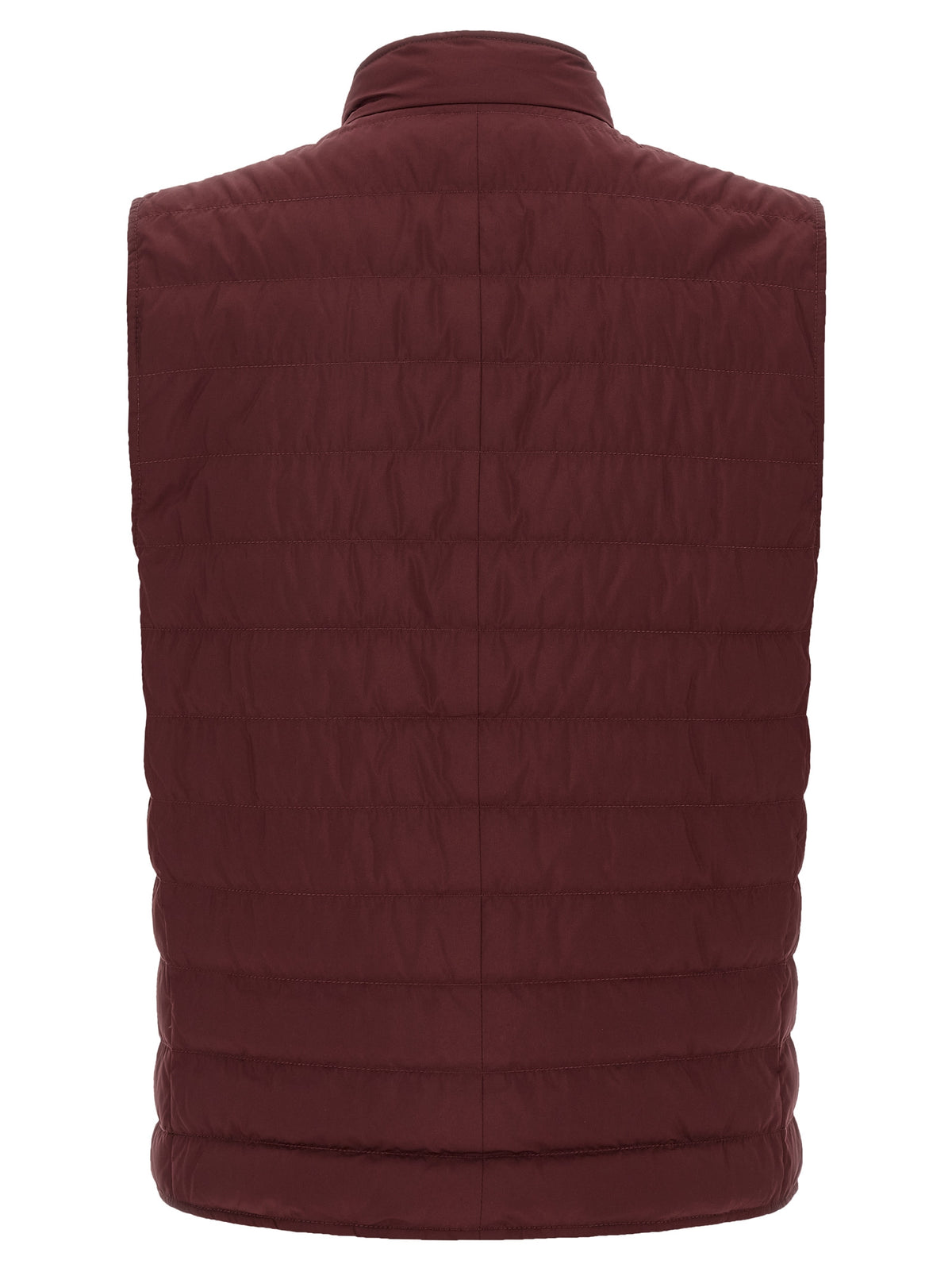 Hooded Vest by Brunello Cucinelli for men in polyester & nylon bordeaux, burgundy & silver showcases a utilitarian silhouette, artfully incorporating pockets, hooded & insulated and a utilitarian hooded high-neck neckline for a truly utilitarian finish.