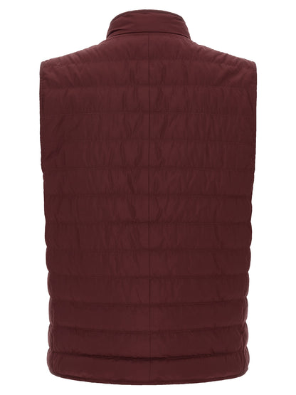 Hooded Vest by Brunello Cucinelli for men in polyester & nylon bordeaux, burgundy & silver showcases a utilitarian silhouette, artfully incorporating pockets, hooded & insulated and a utilitarian hooded high-neck neckline for a truly utilitarian finish.