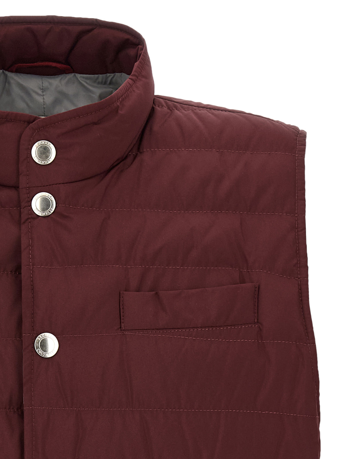 Hooded Vest by Brunello Cucinelli for men in polyester & nylon bordeaux, burgundy & silver features a chic silhouette, expertly detailed with a refined hooded high-neck neckline and premium pockets, hooded & insulated for a truly chic look.