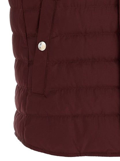 Hooded Vest by Brunello Cucinelli for men in polyester & nylon bordeaux, burgundy & silver features an contemporary silhouette, showcasing refined pockets, hooded & insulated and a contemporary for a sophisticated layered look.