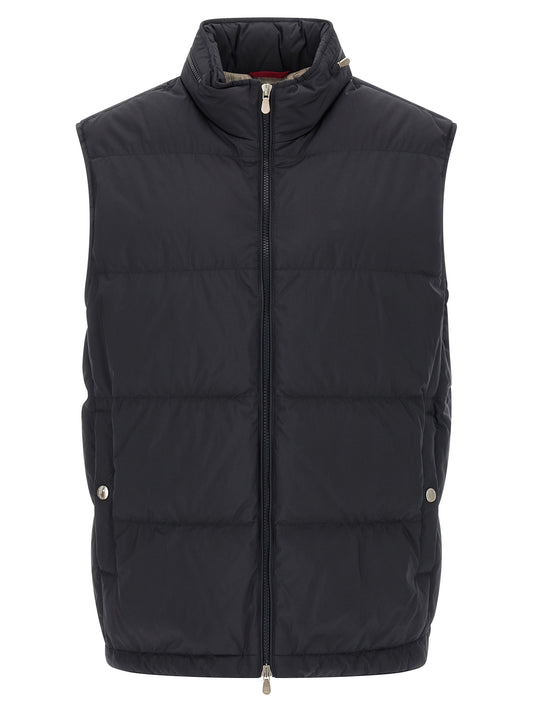 Hooded Vest by Brunello Cucinelli for men in polyester & nylon navy showcases a utilitarian silhouette, artfully incorporating pockets, hooded & insulated and a utilitarian hooded high-neck neckline for a truly utilitarian finish.