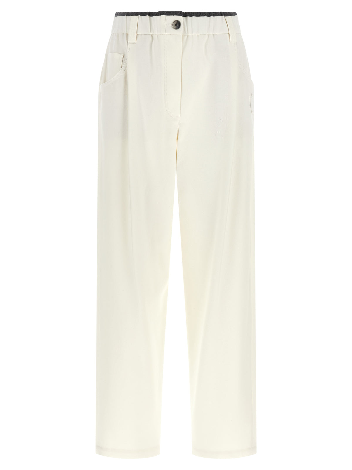 Trousers by Brunello Cucinelli for women in cotton white & signature presents a smart silhouette, meticulously detailed with a smart straight-leg & relaxed-fit, a smart long, and a smart .