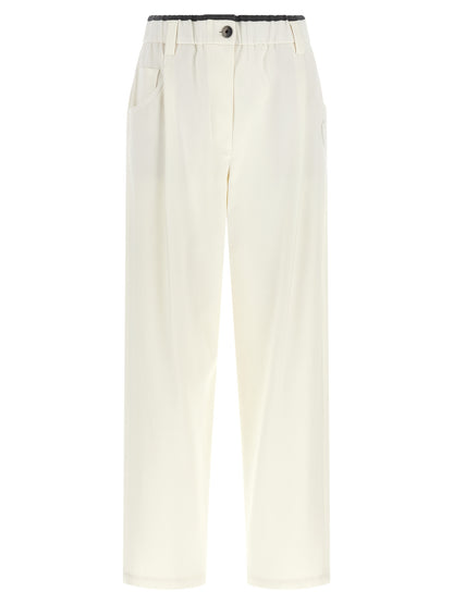 Trousers by Brunello Cucinelli for women in cotton white & signature presents a smart silhouette, meticulously detailed with a smart straight-leg & relaxed-fit, a smart long, and a smart .