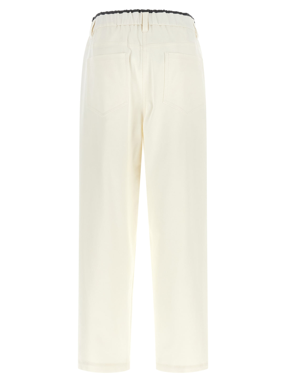 Trousers by Brunello Cucinelli for women in cotton white & signature features a sculptural silhouette, showcasing a sculptural straight-leg & relaxed-fit and long with a sophisticated for a sculptural finish.