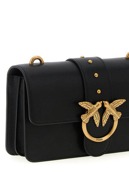 PINKO Love Birds One Calfskin Leather Cotton & Silk Mini Crossbody Flap Handbag - Black