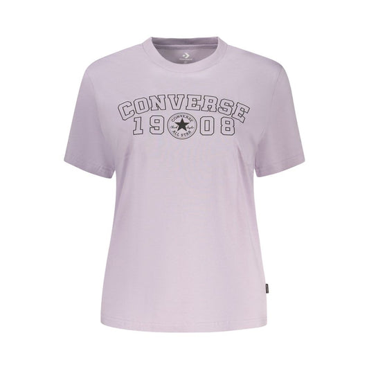 T-Shirt by Converse for women in cotton purple & print showcases a fashionable silhouette, elegantly detailed with a fashionable and crew neckline for a sophisticated, high-fashion look.