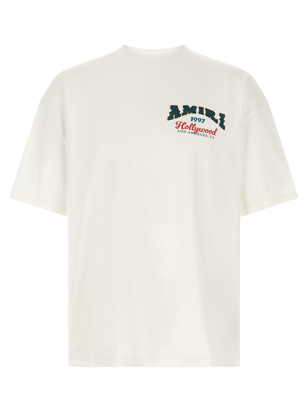 T-Shirt by Amiri for men in modacrylic & cotton white, patterned, monogram & print showcases a fashionable silhouette, elegantly detailed with a fashionable short-sleeve and crew neckline for a sophisticated, high-fashion look.